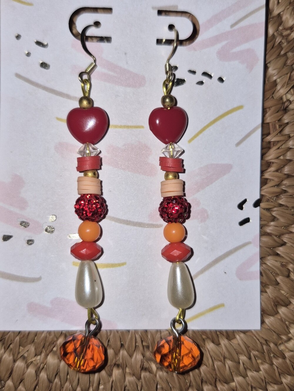 Handmade Red Heart & Orange Bead Dangle Earrings